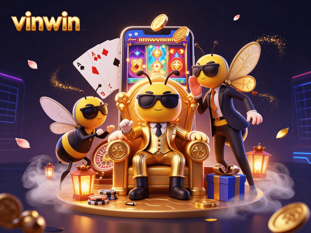 Play slot games with vinwin, featuring a cartoon bumblebee mob boss and dynamic casino elements.