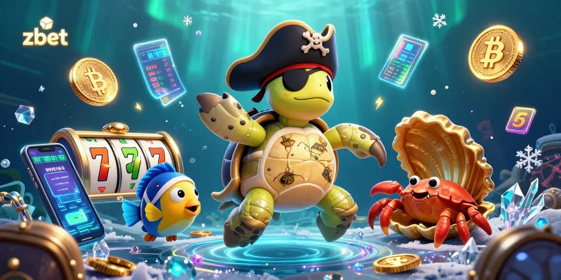 Zbet showcases vibrant underwater casino fun with a pirate turtle, attracting gamers to exciting slots.