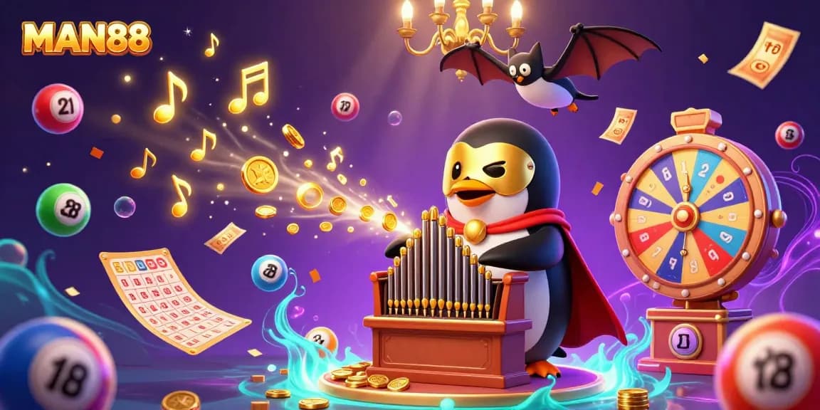 Experience the thrill of MAN88 with a colorful 3D casino scene featuring a penguin and dynamic lottery elements.