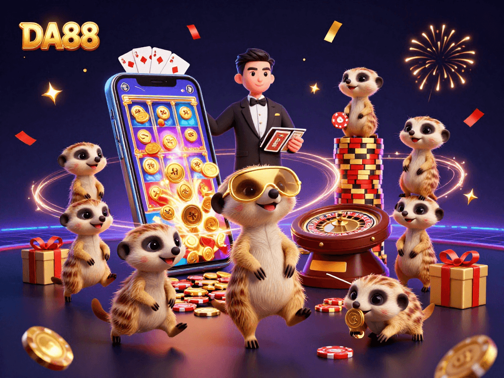 DA88 meerkats managing a vibrant casino with slots, cards, and festive elements.