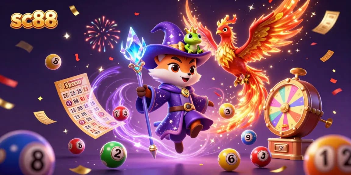 Engage with thrilling gameplay at sc88 featuring a wizard, phoenix, and vibrant lottery elements.