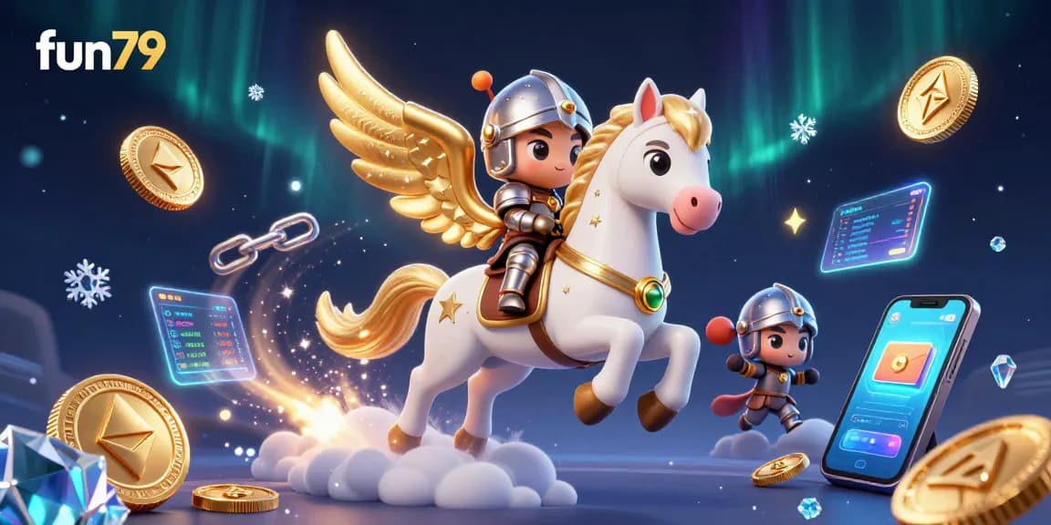 Experience fun79 with a celestial horse and knight, surrounded by glowing crypto coins and casino elements.