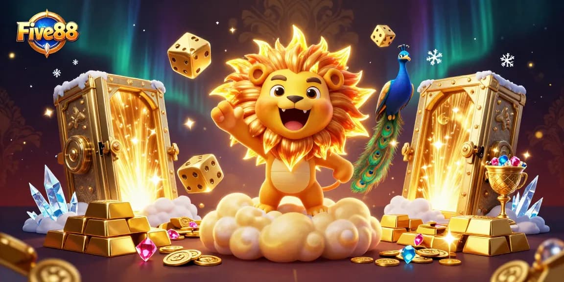 Engage with Five88 in an exciting casino adventure, featuring a vibrant 3D illustration of a roaring lion and golden dice.