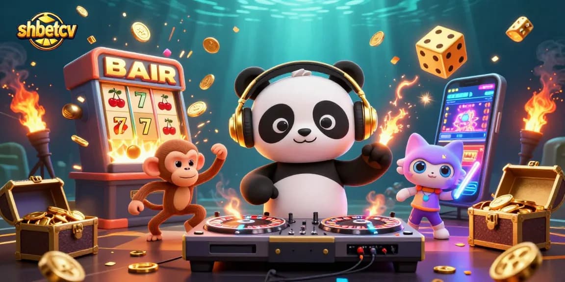 Spin to win with shbetcv, featuring a DJ panda, breakdancing monkey, and colorful casino elements.