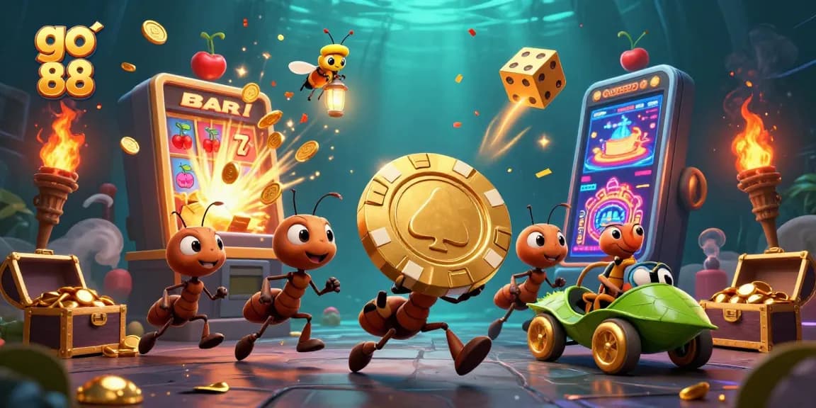 Join the team at go 88 in a thrilling casino heist with golden poker chips and jackpot elements.