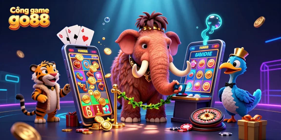 Cổng game go88 presents an exciting illustration of a casino with unique characters and dynamic gambling elements.