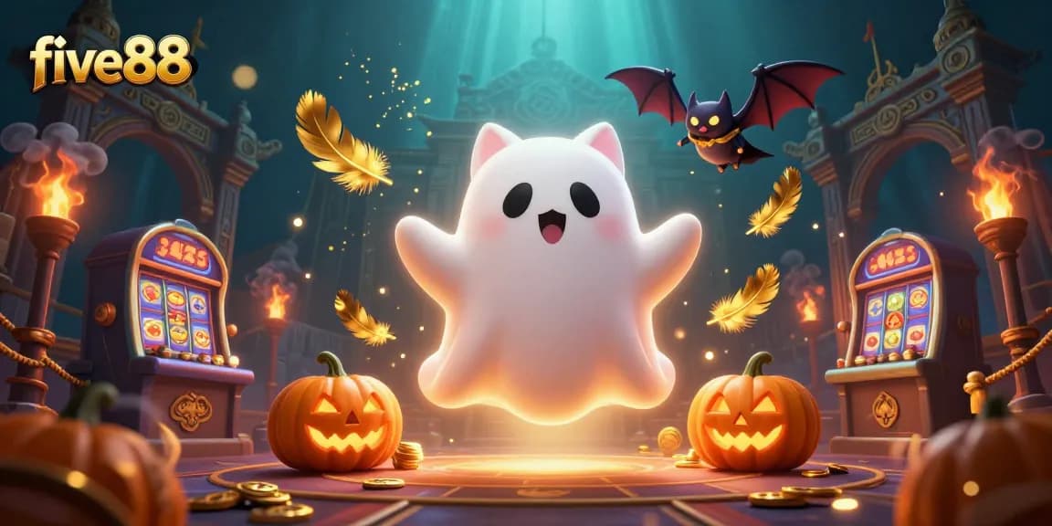 Experience thrilling gaming at five88 with a floating ghost cat and glowing jack-o-lanterns.