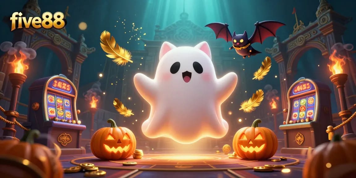 Experience thrilling gaming at five88 with a floating ghost cat and glowing jack-o-lanterns.