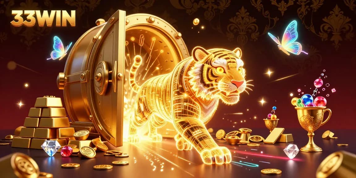 Engage in thrilling gameplay at 33WIN with vibrant neon-lit scenes showcasing a golden tiger and treasures.