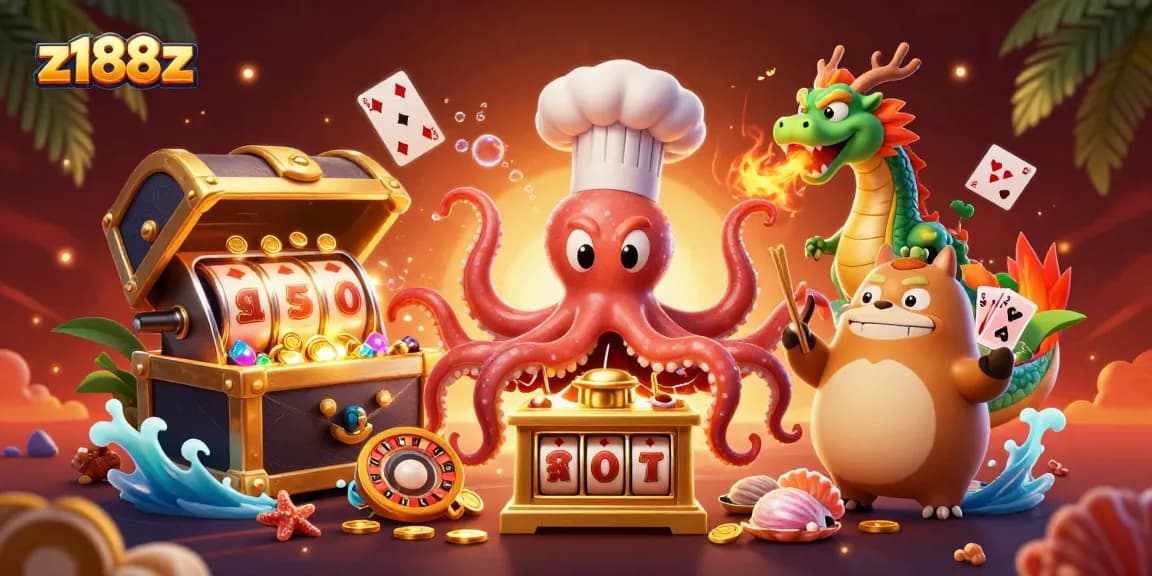 Enjoy z188z gaming action with a vibrant illustration of a sushi chef octopus and dragon at a slots scene.