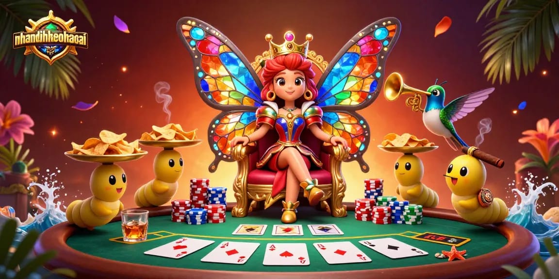 Experience nhandinhkeonhacai with a vibrant poker scene showcasing the butterfly queen and golden chips.