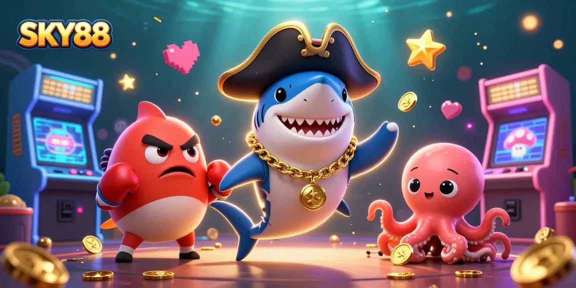 Join the fun at SKY88 with charming casino-themed characters surrounded by colorful gaming elements.