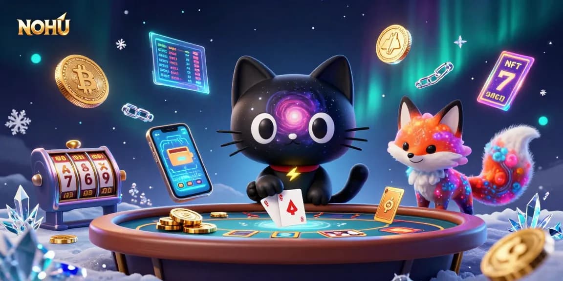 Engage with NOHU in an exhilarating cosmic casino scene featuring playful characters and vibrant gaming elements.