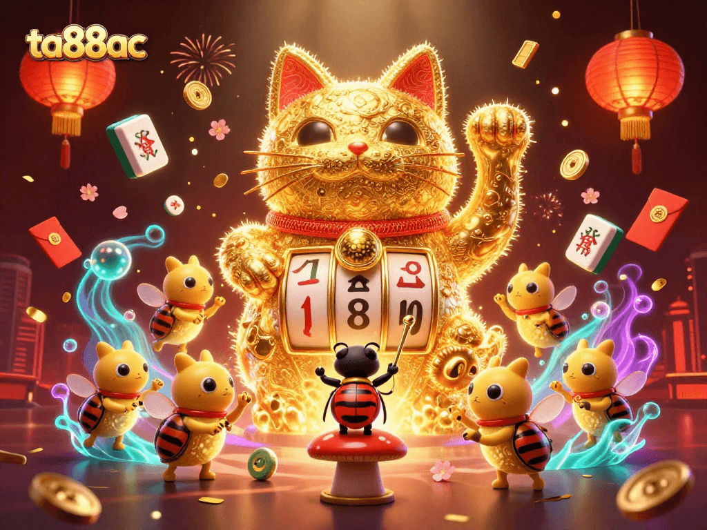Engage with ta88ac's vibrant lucky cat casino illustration showcasing dynamic slot reels.