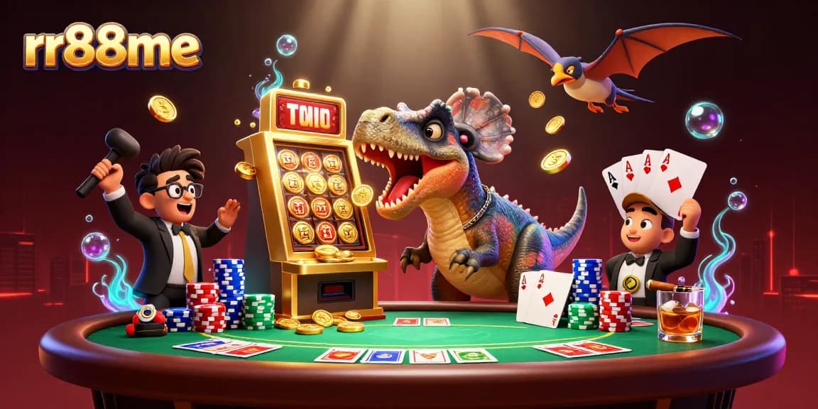 Experience the excitement of rr88me as creatures interact with a shiny slot machine in a dynamic casino scene.