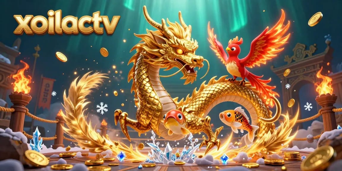 Stream live sports with xoilactv, featuring a golden dragon, phoenix, and koi in a vibrant casino scene.