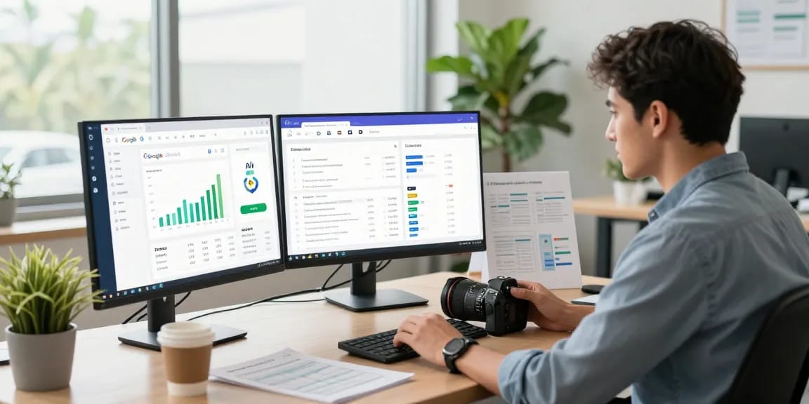 SEO specialist leveraging AI SEO tools in a bright office for data analysis.