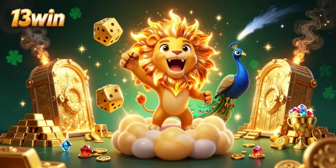 Win big with 13win in this vibrant 3D casino scene filled with golden treasures and excitement.