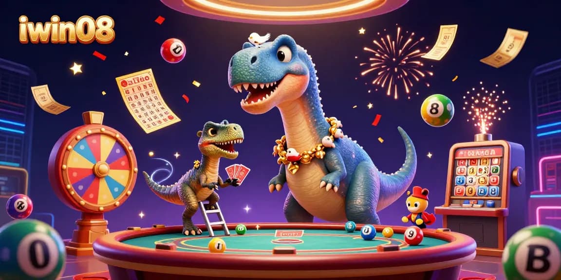 Engage with iwin08's vibrant casino scene featuring a giant brontosaurus and dynamic lottery elements.