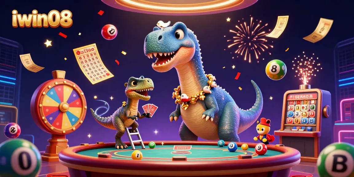 Engage with iwin08's vibrant casino scene featuring a giant brontosaurus and dynamic lottery elements.