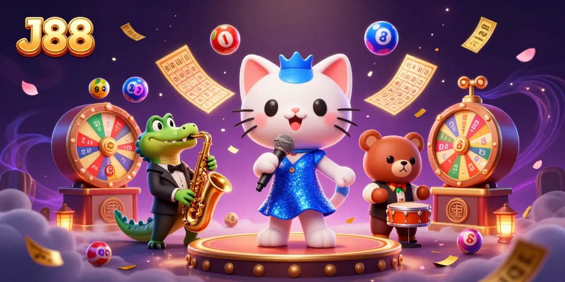 Experience thrilling gameplay with J88's animated jazz singer, crocodile, and bear in a dynamic casino scene.
