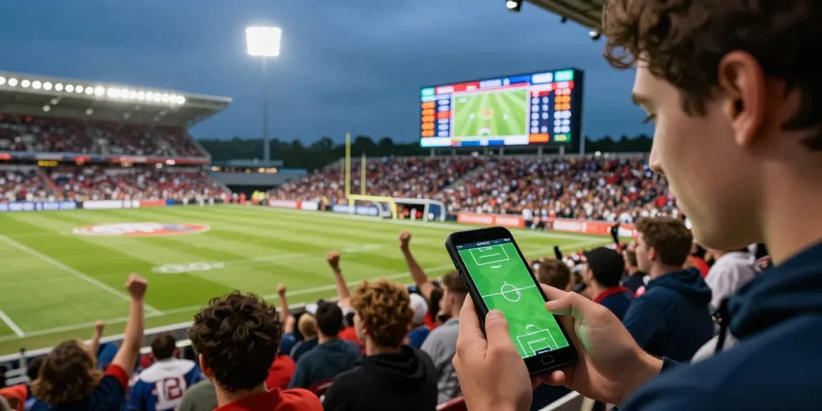 Dynamic scene of live betting with bj88-vnd showing match odds and football statistics amidst excited fans.