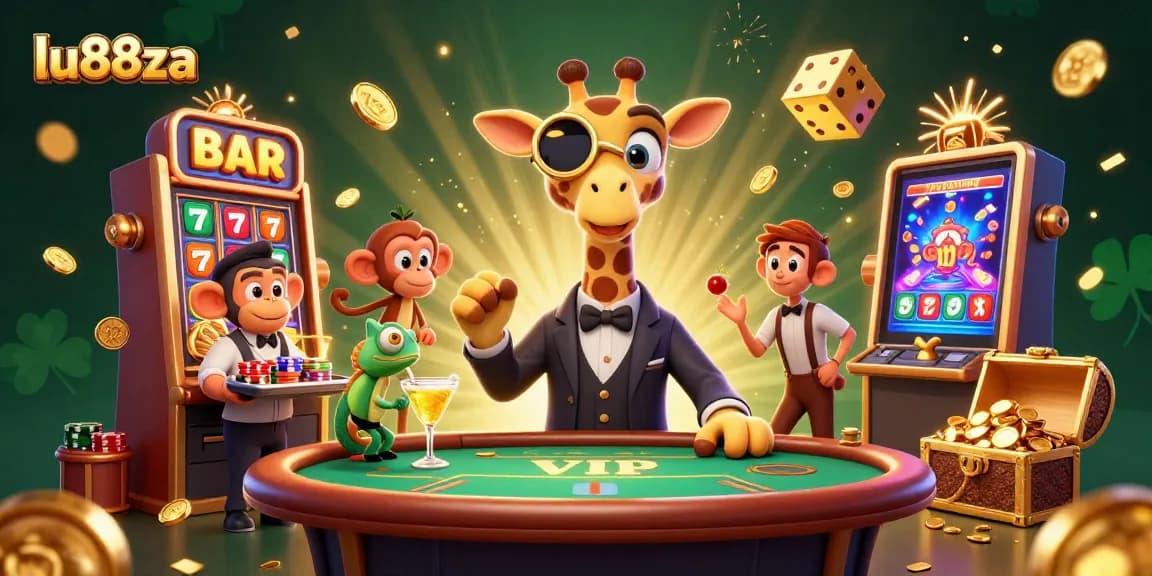 LU88za features a high-roller giraffe and vibrant casino elements bursting with excitement.
