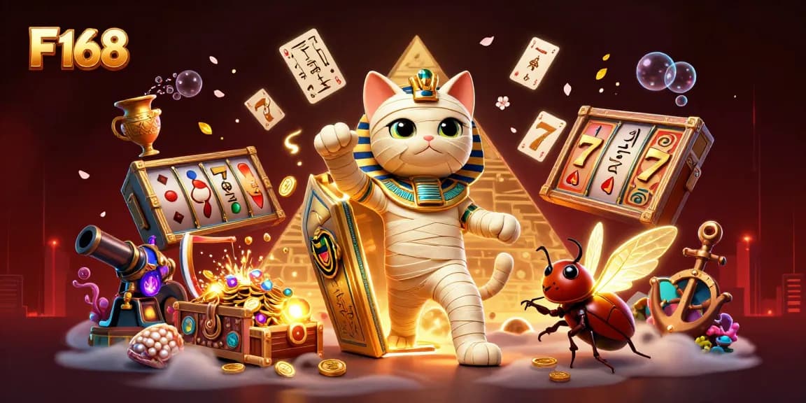 Experience thrilling gaming with F 168's vibrant pyramid casino scene featuring lucky symbols and treasures.