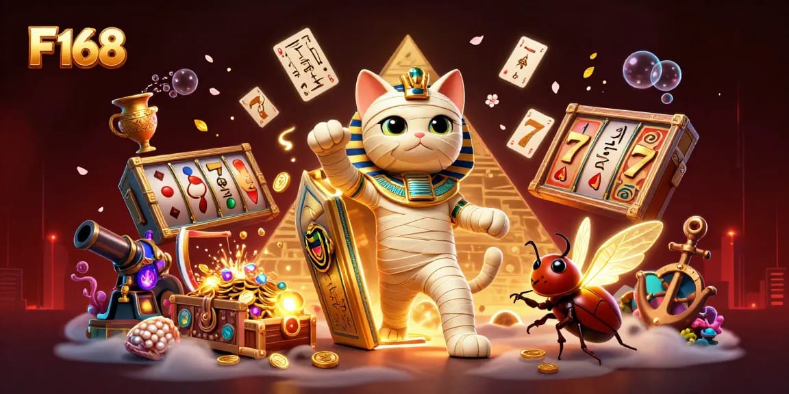 Experience thrilling gaming with F 168's vibrant pyramid casino scene featuring lucky symbols and treasures.