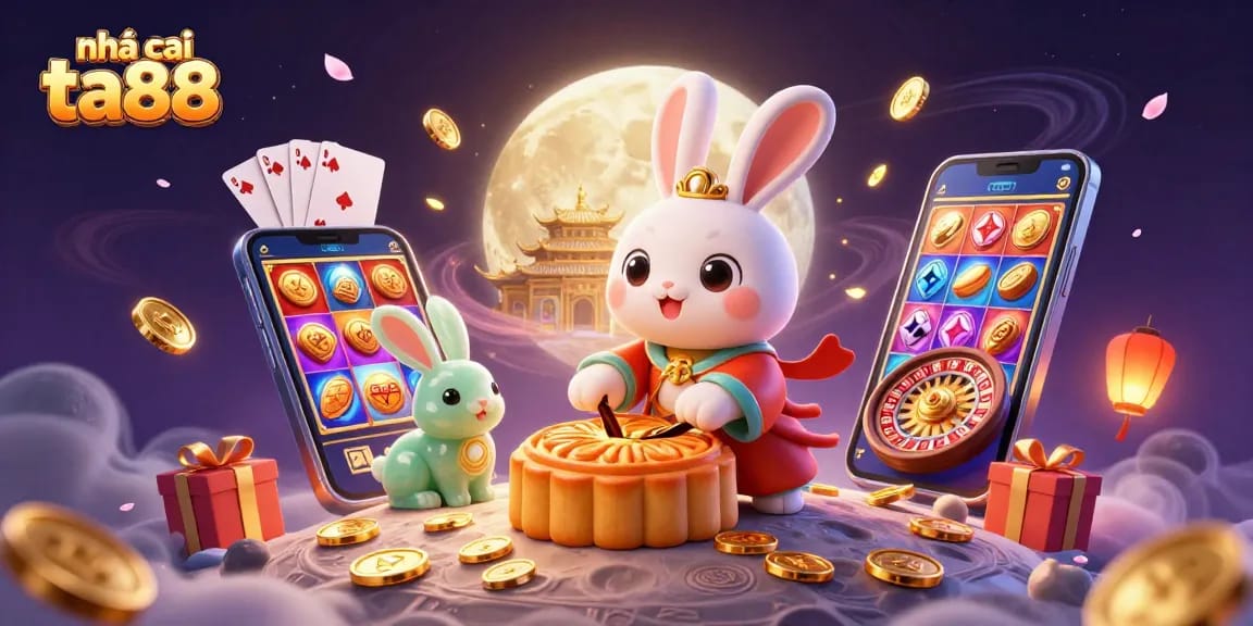 Experience the magic of nhà cái ta88 with a whimsical 3D illustration of a moon rabbit in a lunar casino scene.