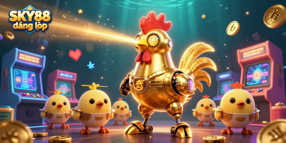 Engage with SKY88 đăng nhập in a vibrant casino scene featuring golden rooster robot and game elements.