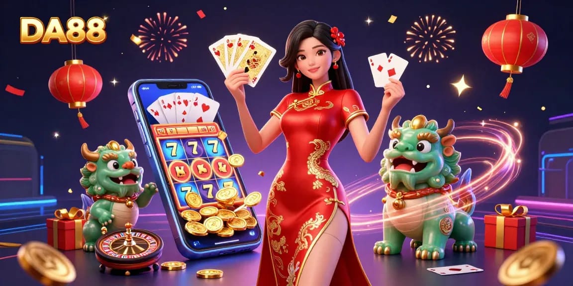Experience thrilling slot action with DA88 as an elegant woman dazzles with golden playing cards.
