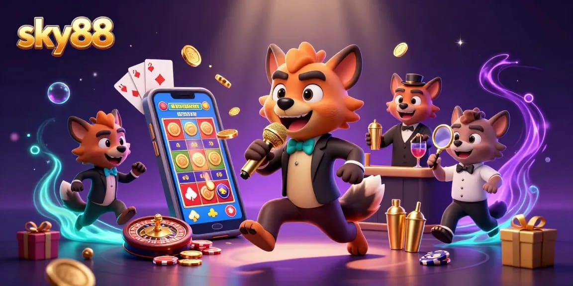 Engage with exciting games at sky88's vibrant casino featuring hyenas in a comedic atmosphere.