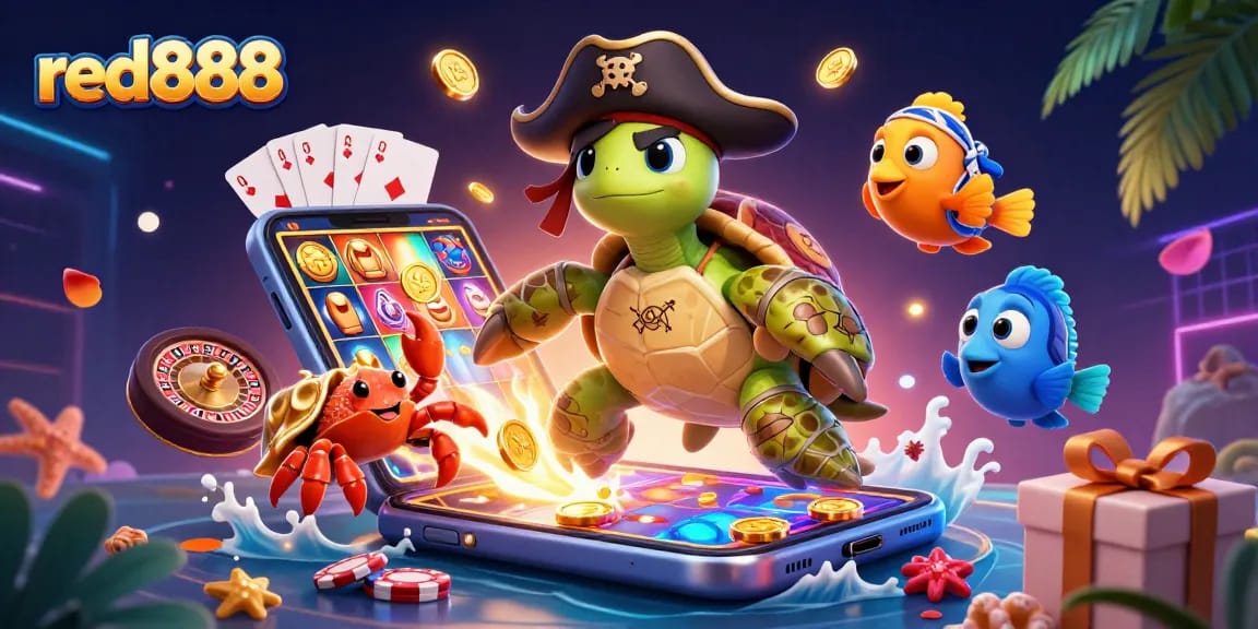 Experience excitement with red888's colorful slot game illustration featuring vibrant characters and rich gambling elements.