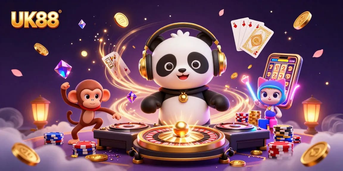 Engage with UK88's thrilling gaming atmosphere featuring a DJ panda, breakdancing monkey, and rave kitten.