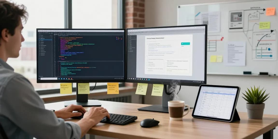 Developer working to build internal tools with AI in a modern office setting.