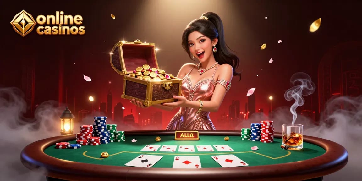 Experience excitement with online casinos featuring a treasure chest of winnings and dynamic poker elements.