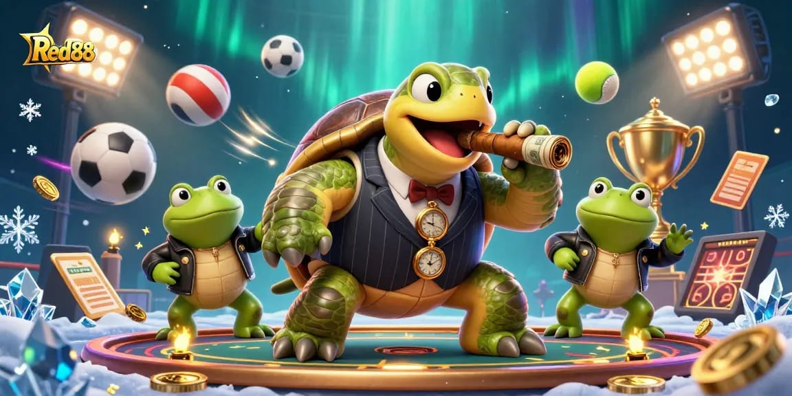Bet on exhilarating games with Red88, illustrated by a snapping turtle and bullfrog enforcers.