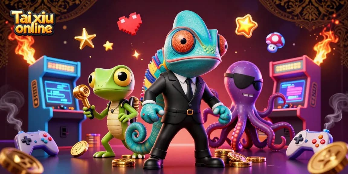 Engage in Tai xiu online with a dynamic digital scene featuring vibrant characters and casino-themed elements.