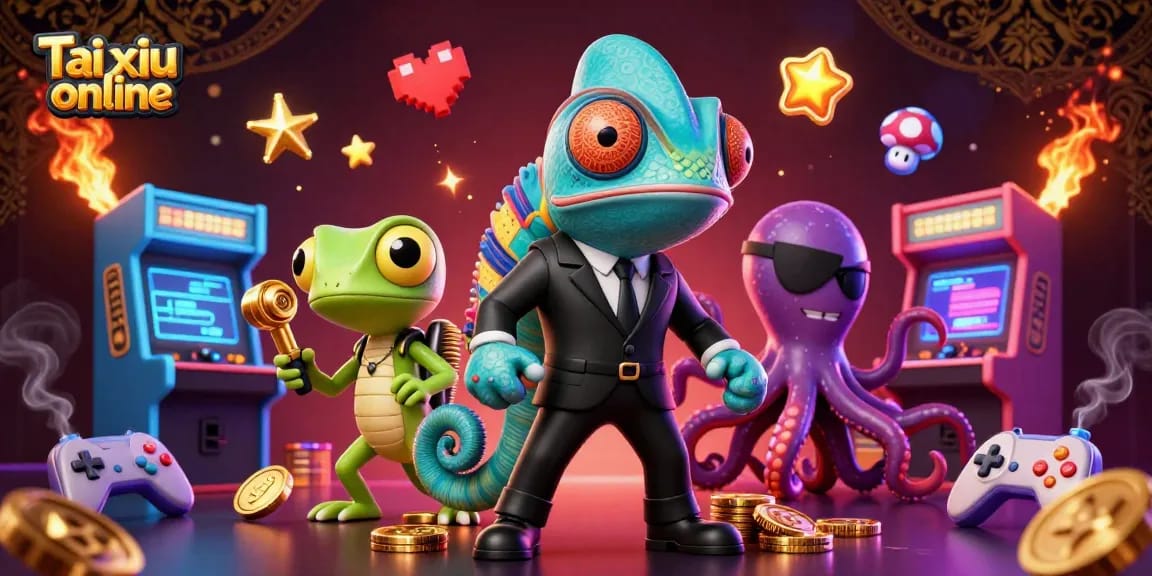 Engage in Tai xiu online with a dynamic digital scene featuring vibrant characters and casino-themed elements.