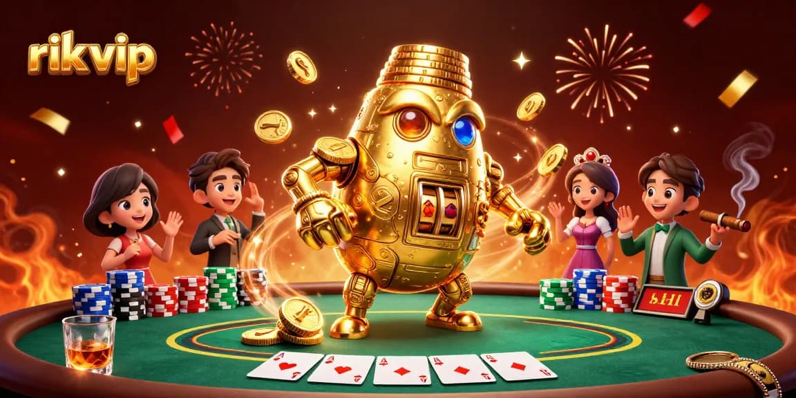 Experience thrilling gameplay with rik vip through a vibrant illustration showcasing poker and festive elements.