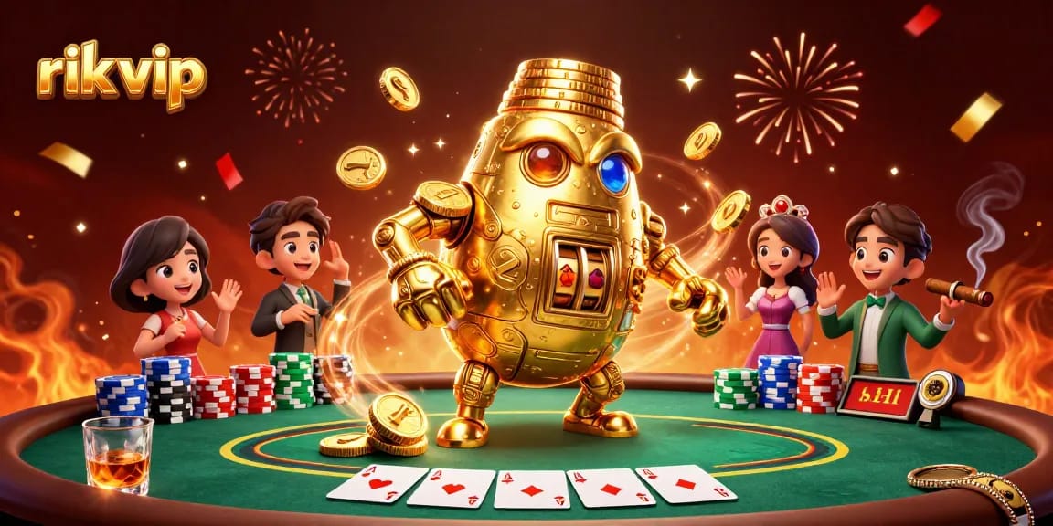 Experience thrilling gameplay with rik vip through a vibrant illustration showcasing poker and festive elements.
