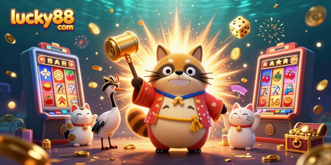 Play vibrant games at lucky88 com with a cheerful tanuki and fortune cats amid a jackpot explosion.