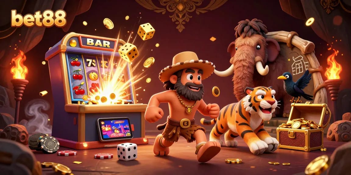 Join the excitement at bet88 with a whimsical 3D casino scene featuring engaging characters, jackpot explosions, and vibrant games.