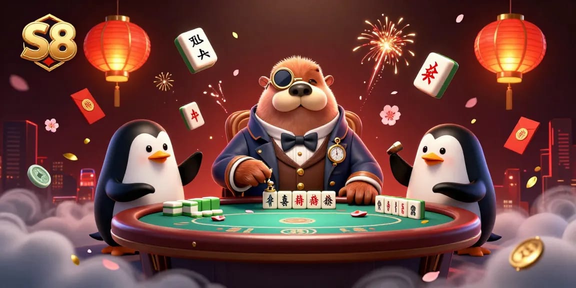 Join the S8 gaming action with a jolly walrus and friends at a vibrant poker table.