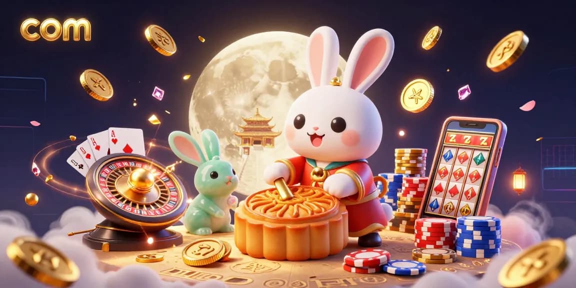 Engage with com's vibrant 3D illustration showing a moon rabbit and casino excitement.