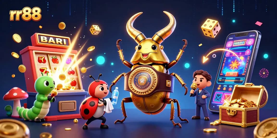 rr 88 features a triumphant beetle champion in a vibrant casino scene bursting with color and excitement.