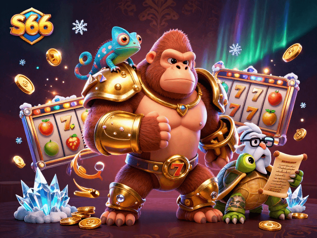 S66 gaming enthusiasts witness a dynamic 3D casino scene with vibrant characters and slot elements.