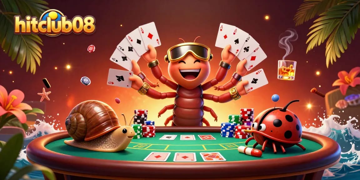 Hitclub08 casino excitement seen in a vibrant 3D scene with a whimsical dealer and players