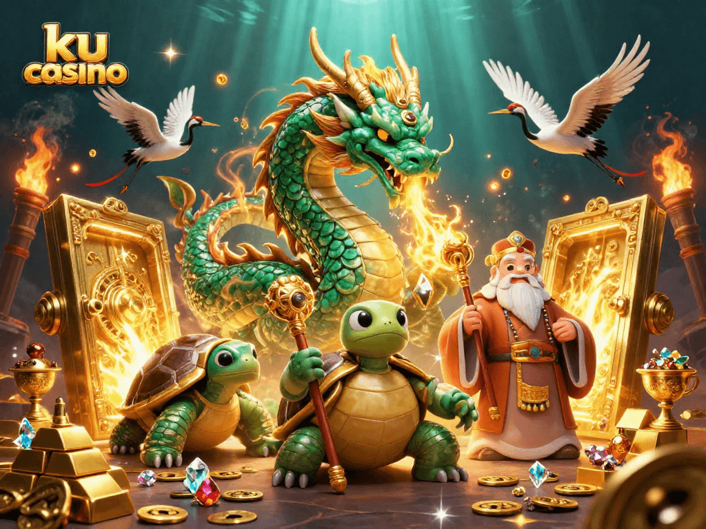Experience the excitement of ku casino with a vibrant 3D illustration of gaming characters amidst gold treasures.